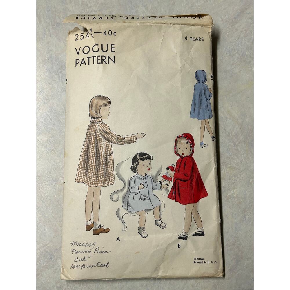 Vintage 1950's Vogue Pattern #2541 Childs Flare Swing Coat‎ Size 4 Years HTF